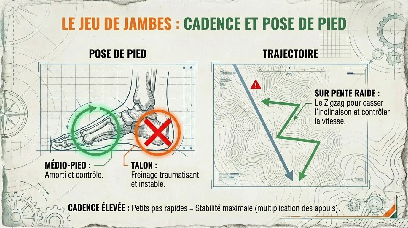 Pose de pied et trajectoire en zigzag