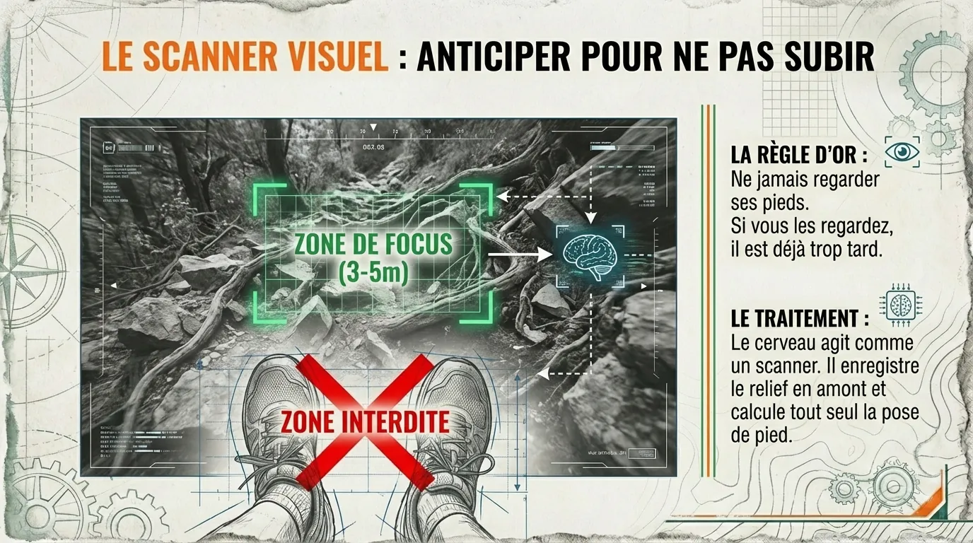 Zone de focus à 3-5 mètres et zone interdite aux pieds